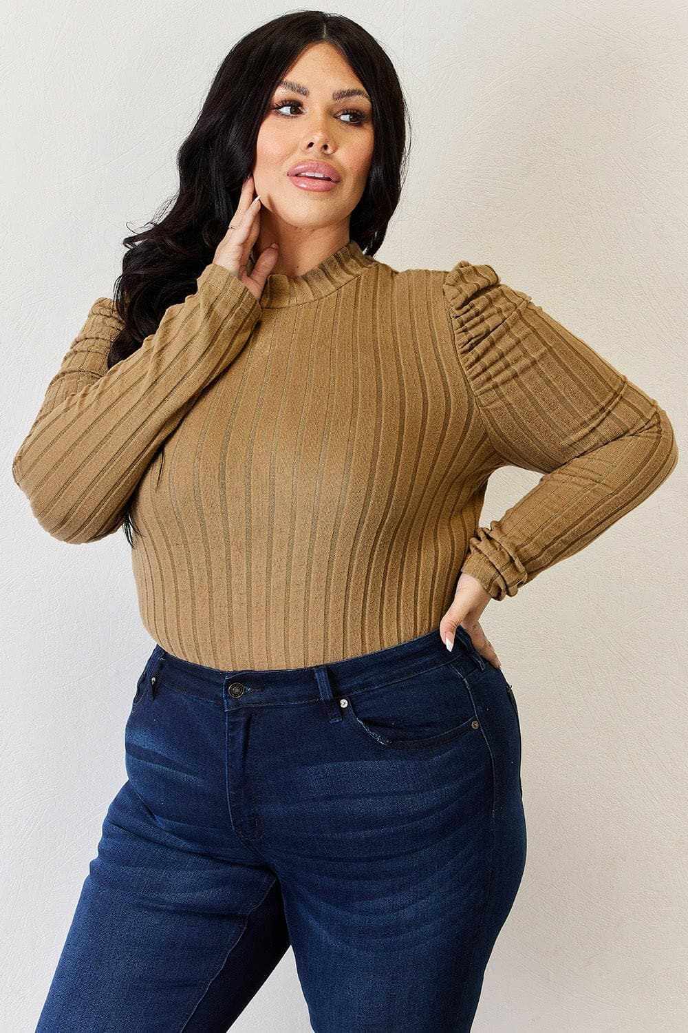 Ribbed mock neck top with puff sleeves - Love Salve